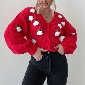 Red 3D Floral Knit Sweater